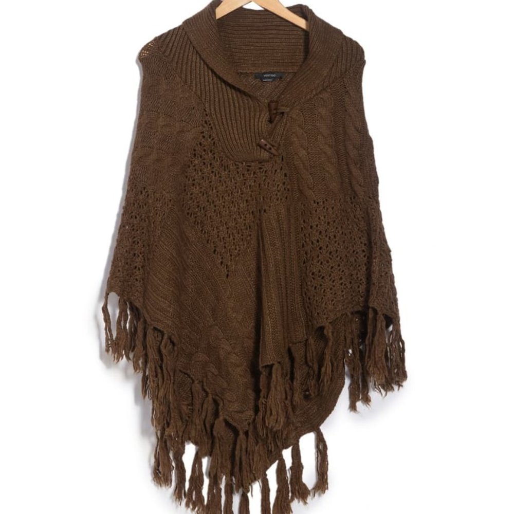 VERTIGO Fringed Knit Poncho in Golden Gecko Brown Size S/M Brand New NWT